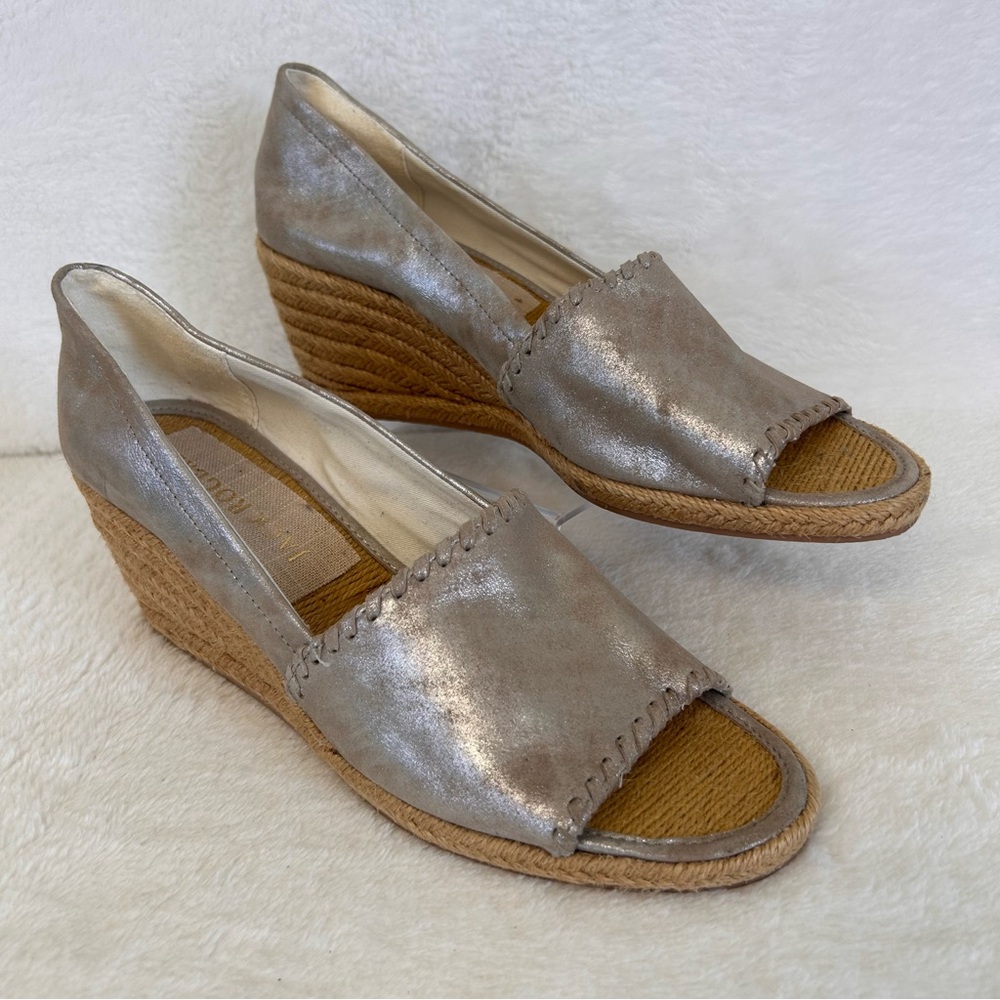 Jack Rogers Women's Sandals Size 9.5M Silver Metallic Leather Espadrille Wedge